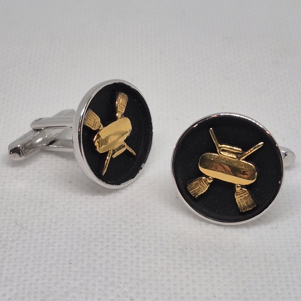 HICKOK Vintage Silver Tone Cufflinks Black & Gold Tone Curling Theme Design